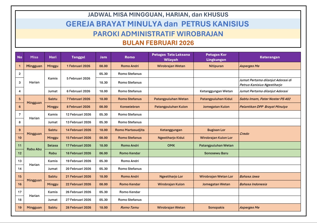 Jadwal Misa Mingguan, Harian, dan Khusus – Bulan Februari 2026