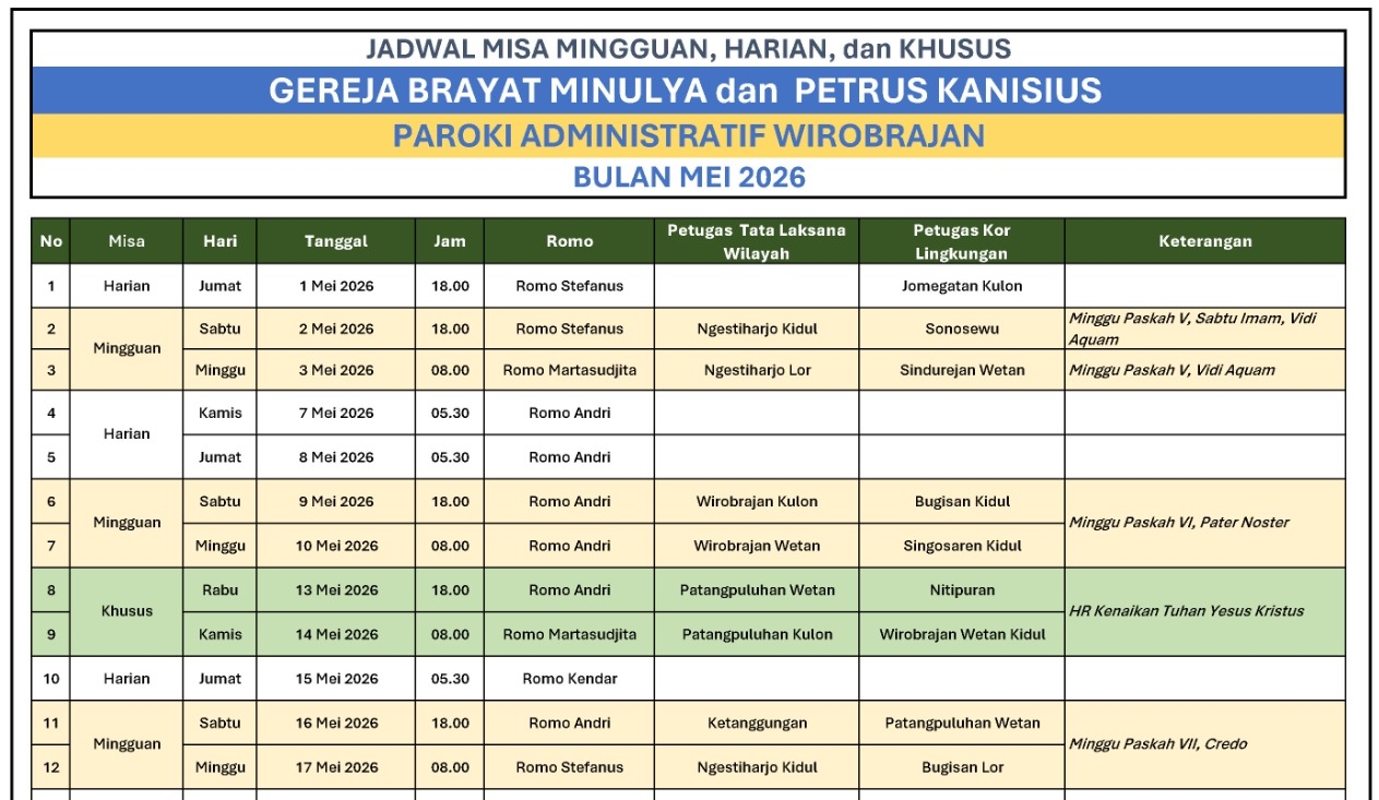 Jadwal Misa Mingguan, Harian, dan Khusus – Bulan Mei 2026
